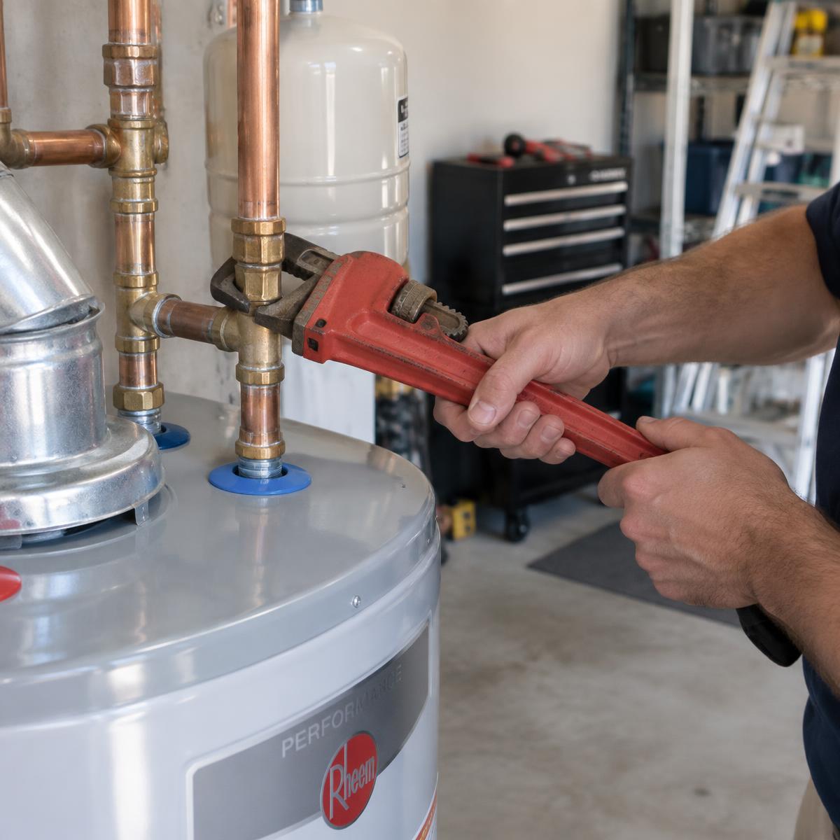 Plumber using a pipe wrench on water heater connections at a residential job site